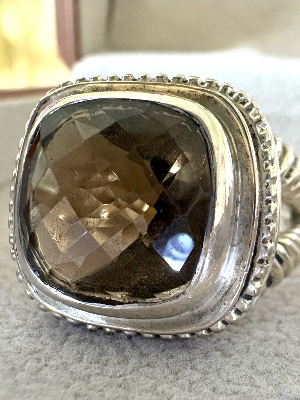 Sterling Silver Smoky Quartz Cushion Ring Marked SJ925 size 8.5 Like New